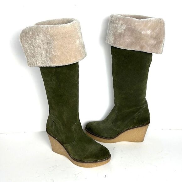 Skinnycalf Italy Olive Suede Shearling Over The Knee Wedge Boots US 8,5-9 - Picture 2 of 16